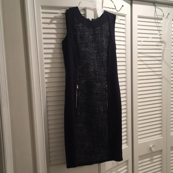 calvin klein blue tweed dress Calvin Klein Women's Tweed Short-sleeve Sheath Mini Dress - Black.Cream